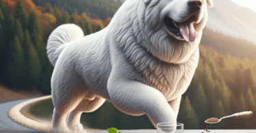 A majestic Akbash dog with a striking white coat, symbolizing the breed's historical role as a livestock guardian, in a digital art style.