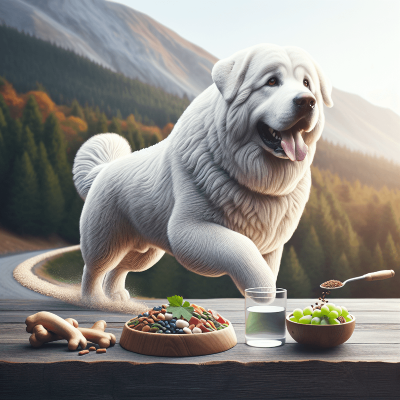 A majestic Akbash dog with a striking white coat, symbolizing the breed's historical role as a livestock guardian, in a digital art style.