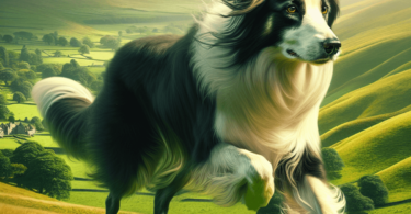 A medium-sized Border Collie with a striking black and white coat stands energetically in a lush green field, showcasing its agility and intelligence.