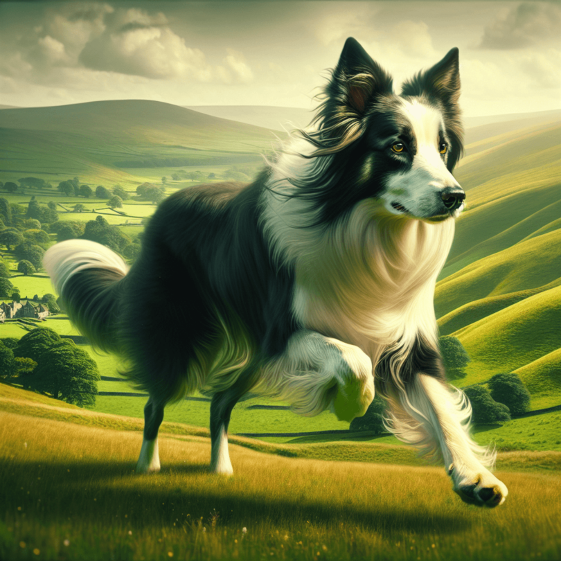 A medium-sized Border Collie with a striking black and white coat stands energetically in a lush green field, showcasing its agility and intelligence.