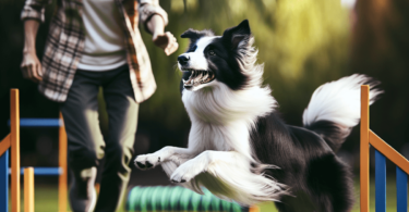 A playful Border Collie energetically navigates agility equipment in a sunny grassy field, leaping over jumps and preparing to enter a tunnel. A Cauca