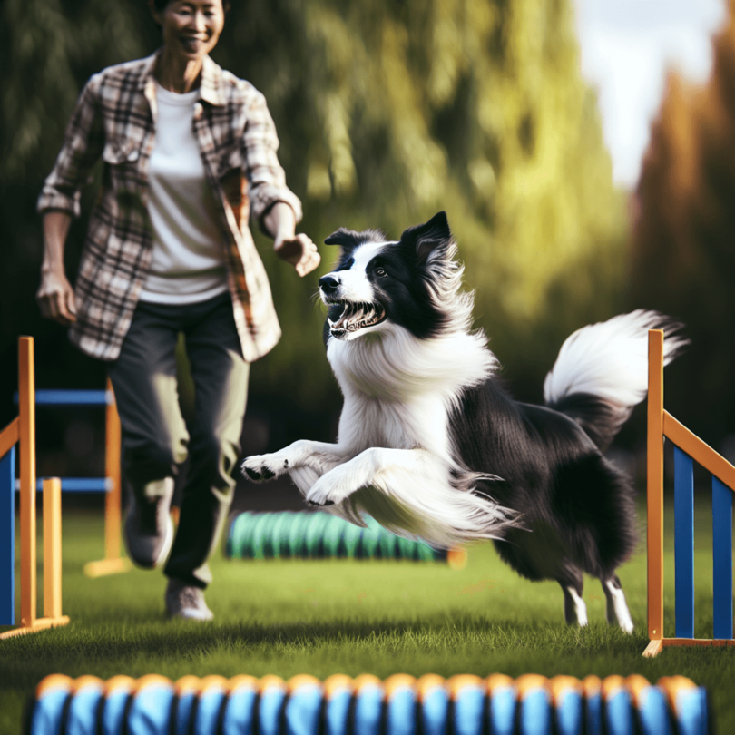 A playful Border Collie energetically navigates agility equipment in a sunny grassy field, leaping over jumps and preparing to enter a tunnel. A Cauca