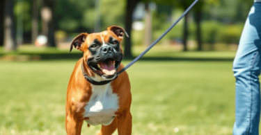 A playful Boxer dog eagerly engages with its trainer in a sunny park, receiving treats and toys as positive reinforcement during an energetic train...