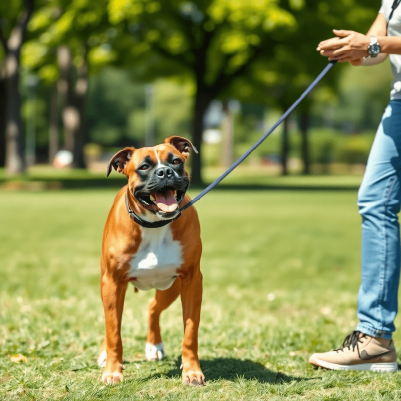 A playful Boxer dog eagerly engages with its trainer in a sunny park, receiving treats and toys as positive reinforcement during an energetic train...