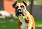 A playful Boxer dog in an energetic pose, showcasing its muscular build and distinctive muzzle, set against a bright, cheerful outdoor background.