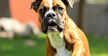 A playful Boxer dog in an energetic pose, showcasing its muscular build and distinctive muzzle, set against a bright, cheerful outdoor background.