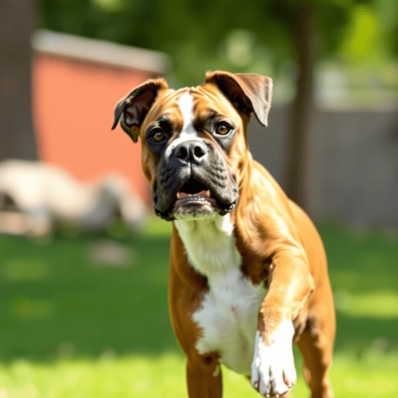 A playful Boxer dog in an energetic pose, showcasing its muscular build and distinctive muzzle, set against a bright, cheerful outdoor background.