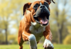 A playful Boxer dog in mid-jump, showcasing its muscular build and energetic nature against a backdrop of green grass and trees.