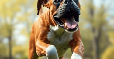 A playful Boxer dog in mid-jump, showcasing its muscular build and energetic nature against a backdrop of green grass and trees.