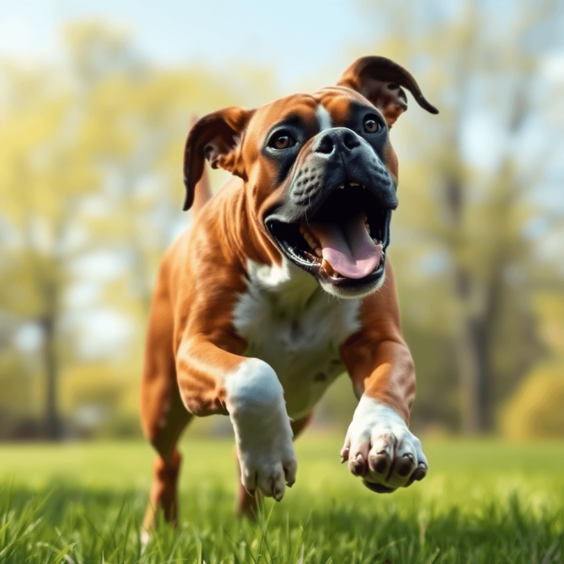 A playful Boxer dog in mid-jump, showcasing its muscular build and energetic nature against a backdrop of green grass and trees.