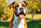 A playful Boxer dog with a deep chest and flat face frolics in a bright, vibrant outdoor setting, radiating joy and energy amidst colorful flowers ...