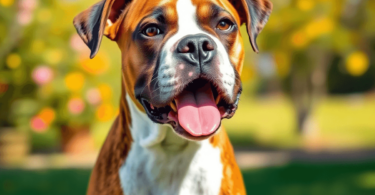 A playful Boxer dog with a deep chest and flat face frolics in a bright, vibrant outdoor setting, radiating joy and energy amidst colorful flowers ...