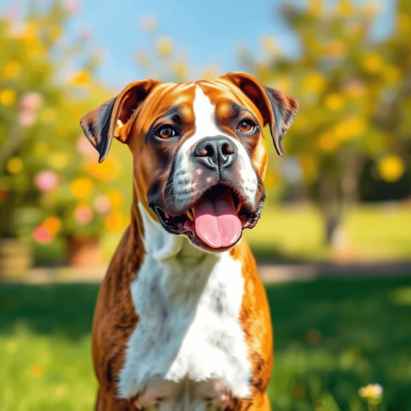 A playful Boxer dog with a deep chest and flat face frolics in a bright, vibrant outdoor setting, radiating joy and energy amidst colorful flowers ...