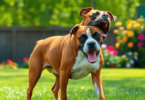 A playful Boxer dog with a muscular build is happily engaging with a ball in a sunny backyard filled with green grass and colorful flowers.