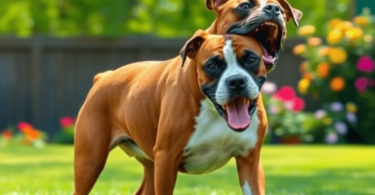 A playful Boxer dog with a muscular build is happily engaging with a ball in a sunny backyard filled with green grass and colorful flowers.