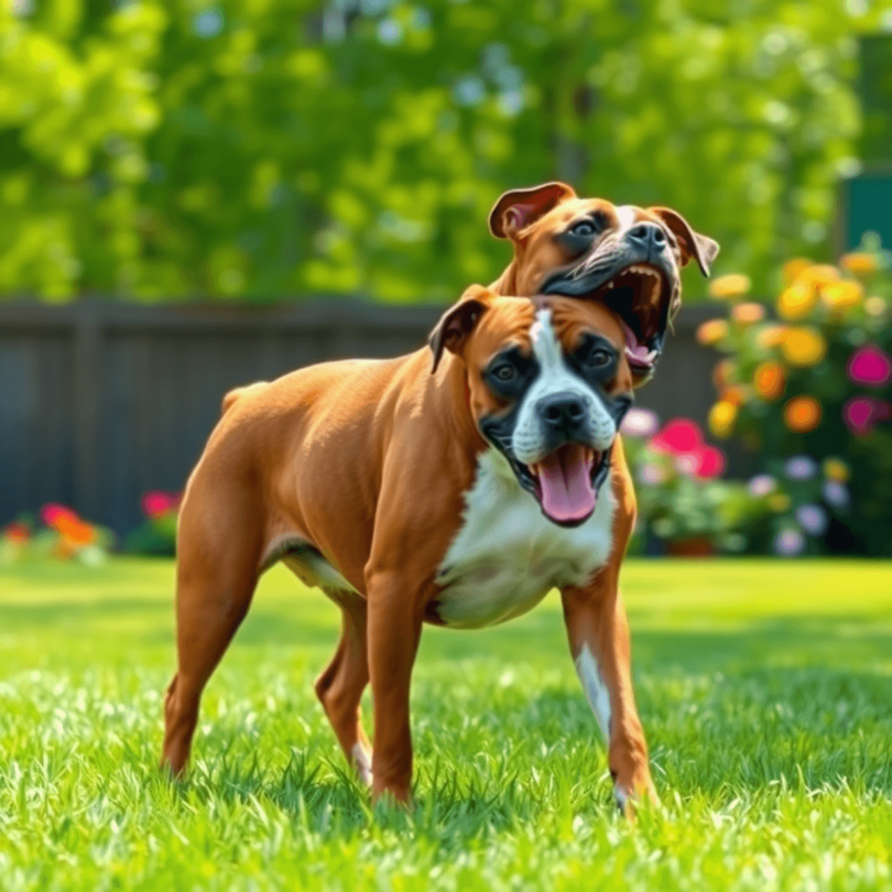 A playful Boxer dog with a muscular build is happily engaging with a ball in a sunny backyard filled with green grass and colorful flowers.