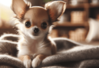 A small Chihuahua dog with large ears and round eyes, posed adorably on a soft blanket in a cozy home environment filled with warmth and comfort. T...