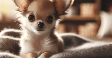 A small Chihuahua dog with large ears and round eyes, posed adorably on a soft blanket in a cozy home environment filled with warmth and comfort. T...