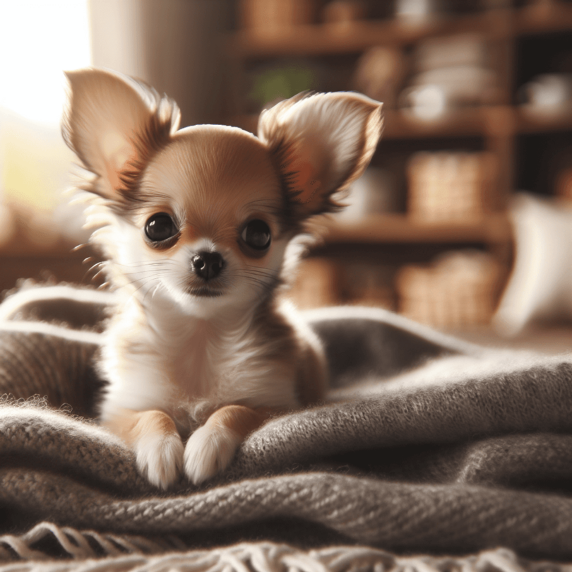 A small Chihuahua dog with large ears and round eyes, posed adorably on a soft blanket in a cozy home environment filled with warmth and comfort. T...