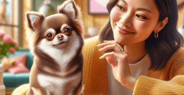 A small, glossy-furred Chihuahua with fawn and chocolate shades is playfully seated in a vibrant, colorful room filled with cheerful decor. The dog...