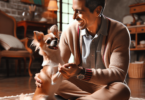 A small, joyful Chihuahua sits beside a cheerful Hispanic person in a cozy living room. The owner smiles warmly at the dog, who looks up affectiona...