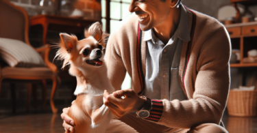 A small, joyful Chihuahua sits beside a cheerful Hispanic person in a cozy living room. The owner smiles warmly at the dog, who looks up affectiona...