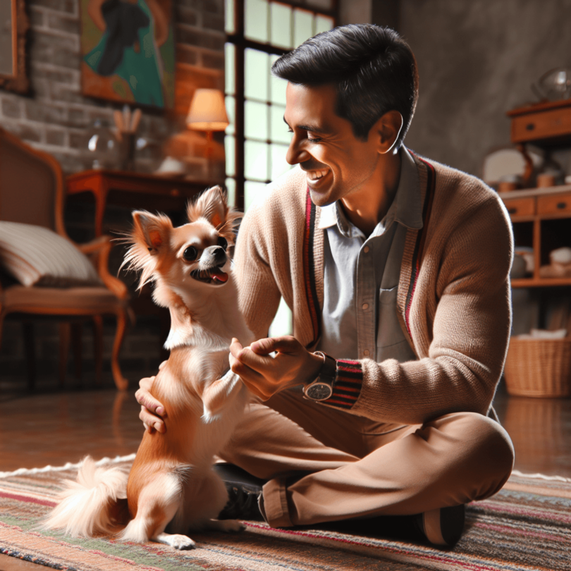 A small, joyful Chihuahua sits beside a cheerful Hispanic person in a cozy living room. The owner smiles warmly at the dog, who looks up affectiona...