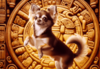 A small, lively Chihuahua dog is playfully posed in the foreground, showcasing its charming and friendly nature. The backdrop features intricate pa...