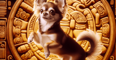 A small, lively Chihuahua dog is playfully posed in the foreground, showcasing its charming and friendly nature. The backdrop features intricate pa...