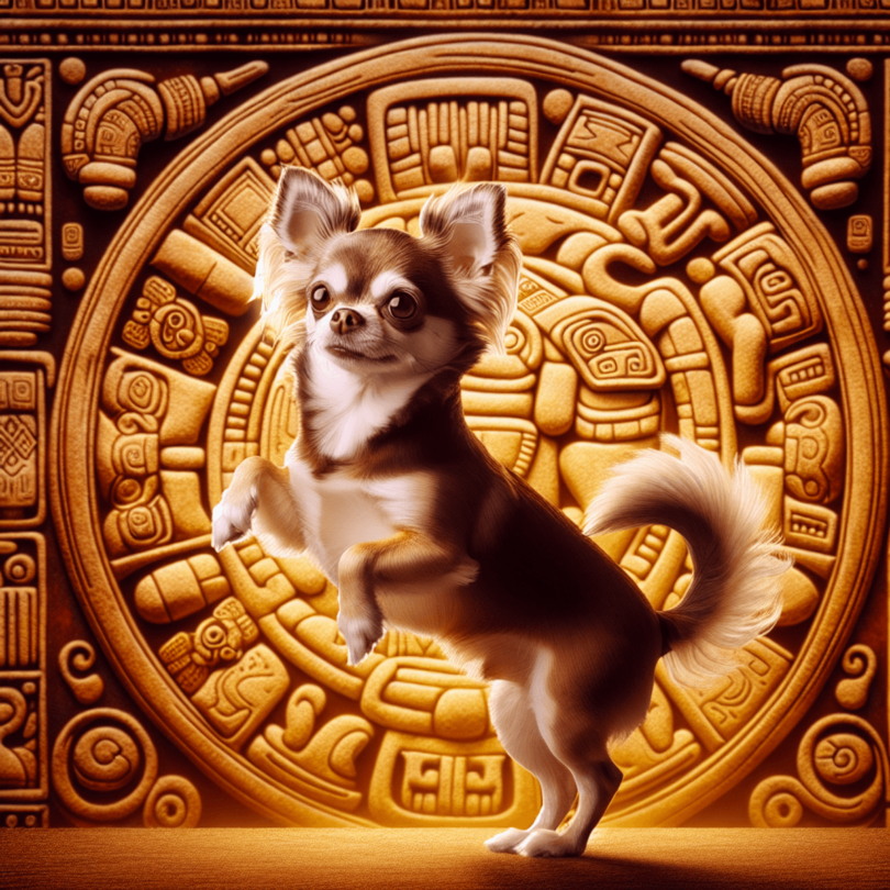 A small, lively Chihuahua dog is playfully posed in the foreground, showcasing its charming and friendly nature. The backdrop features intricate pa...