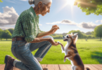 A small, lively Chihuahua eagerly responds to its caring Hispanic owner in a sunlit public park. The owner, smiling and holding a small treat, demo...