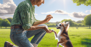 A small, lively Chihuahua eagerly responds to its caring Hispanic owner in a sunlit public park. The owner, smiling and holding a small treat, demo...