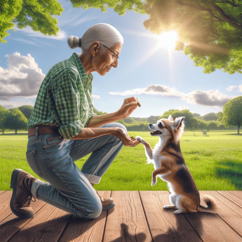 A small, lively Chihuahua eagerly responds to its caring Hispanic owner in a sunlit public park. The owner, smiling and holding a small treat, demo...