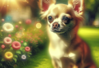 A small, lively Chihuahua with a lustrous coat and bright eyes sits in a sunlit park, its expressive face showcasing a playful personality. The bac...