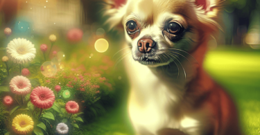 A small, lively Chihuahua with a lustrous coat and bright eyes sits in a sunlit park, its expressive face showcasing a playful personality. The bac...