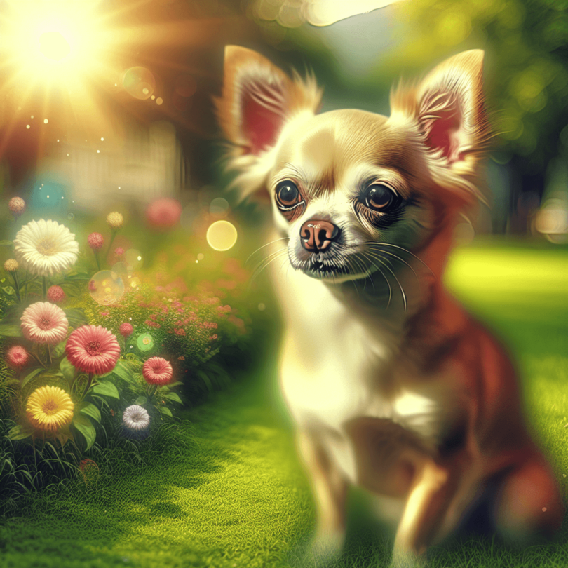 A small, lively Chihuahua with a lustrous coat and bright eyes sits in a sunlit park, its expressive face showcasing a playful personality. The bac...