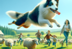 A vibrant scene of a lively Border Collie mid-action in a green, grassy field, playfully engaging with a mixed-race family of Caucasian and Hispanic i