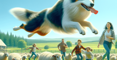 A vibrant scene of a lively Border Collie mid-action in a green, grassy field, playfully engaging with a mixed-race family of Caucasian and Hispanic i