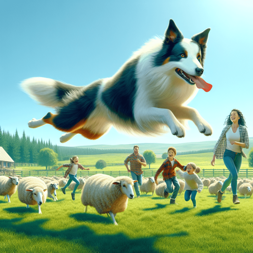 A vibrant scene of a lively Border Collie mid-action in a green, grassy field, playfully engaging with a mixed-race family of Caucasian and Hispanic i