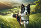 An energetic Border Collie with a glossy coat, bright eyes, and a cheerful expression is captured mid-run through a lush, green field. The sunlight gl