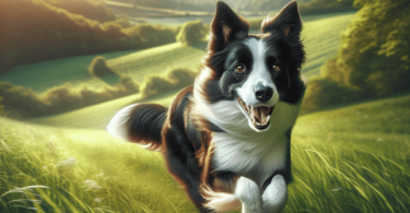 An energetic Border Collie with a glossy coat, bright eyes, and a cheerful expression is captured mid-run through a lush, green field. The sunlight gl