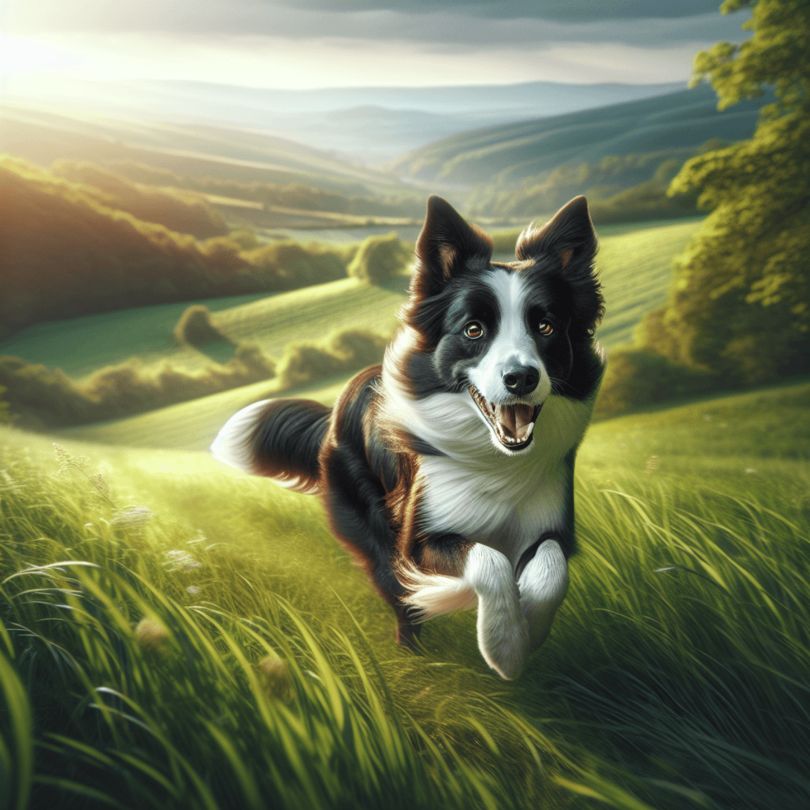 An energetic Border Collie with a glossy coat, bright eyes, and a cheerful expression is captured mid-run through a lush, green field. The sunlight gl