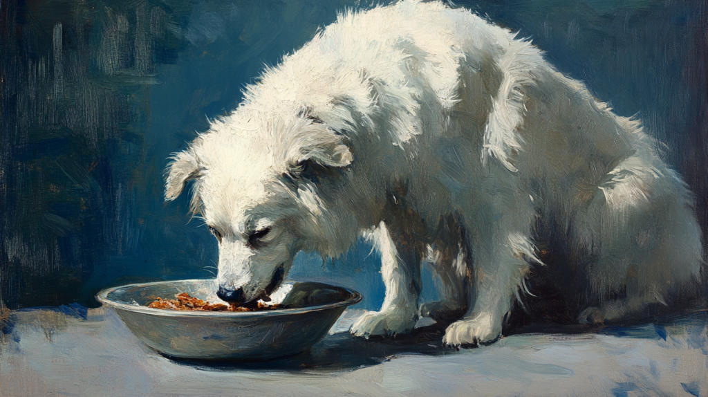 Akbash dog eating from slow-feeder bowl to prevent gastric torsion