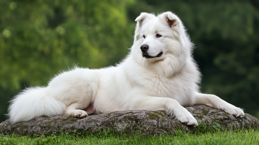 Akbash dog demonstrating calm behavior in busy environment