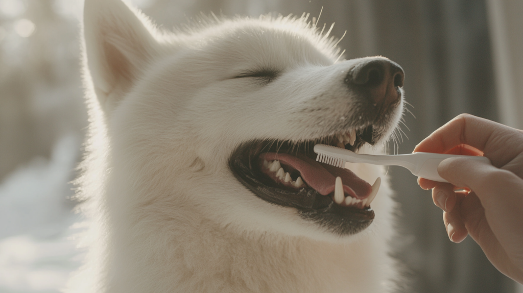 Owner performing dental care routine on Akbash dog's teeth