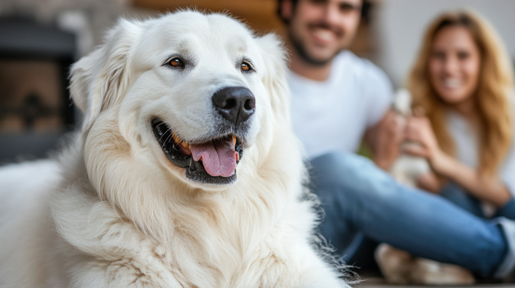 Akbash dog displaying loyal behavior with family members at home