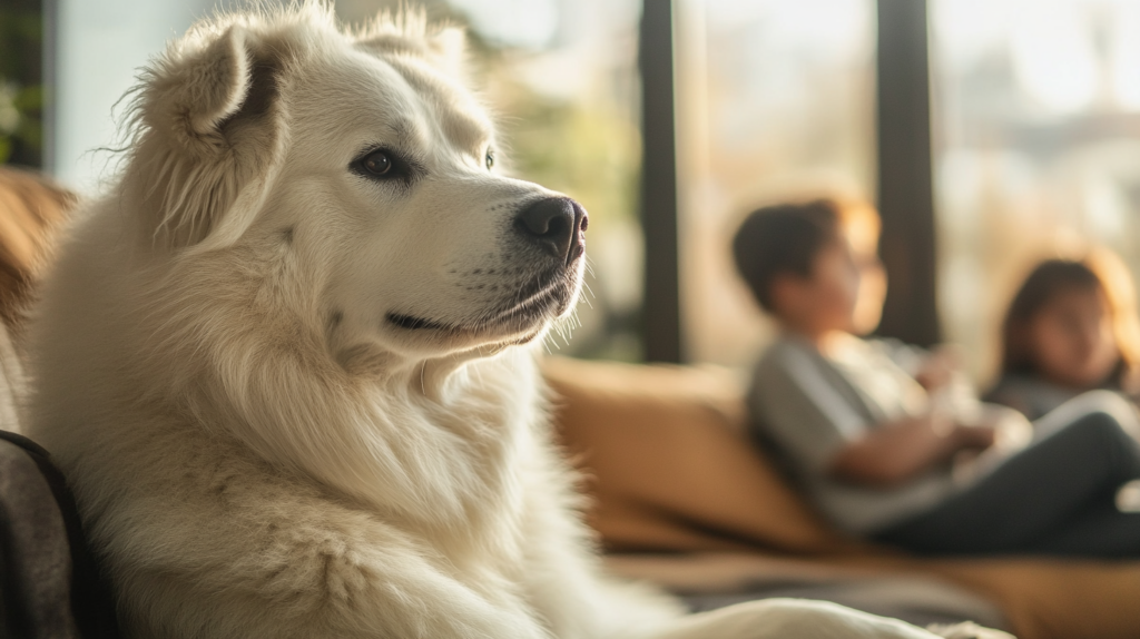 Akbash dog displaying alert protective stance while watching over family