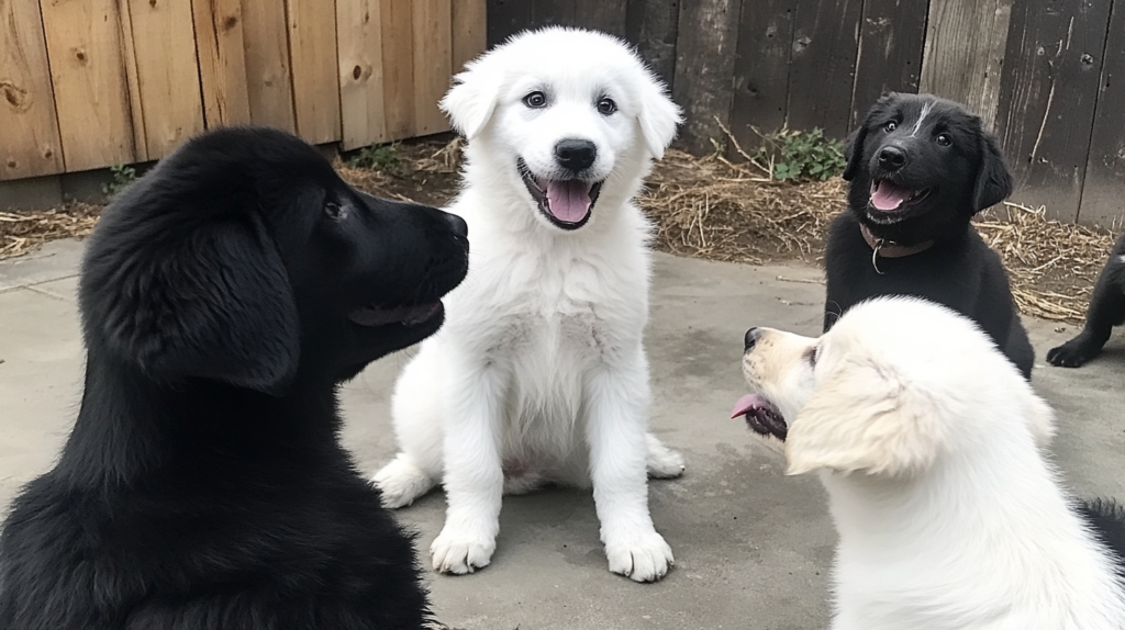 Young Akbash puppy meeting other dogs during socialization training