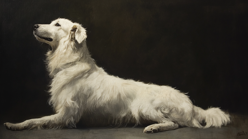 Akbash dog in watchful position, monitoring surroundings from elevated position