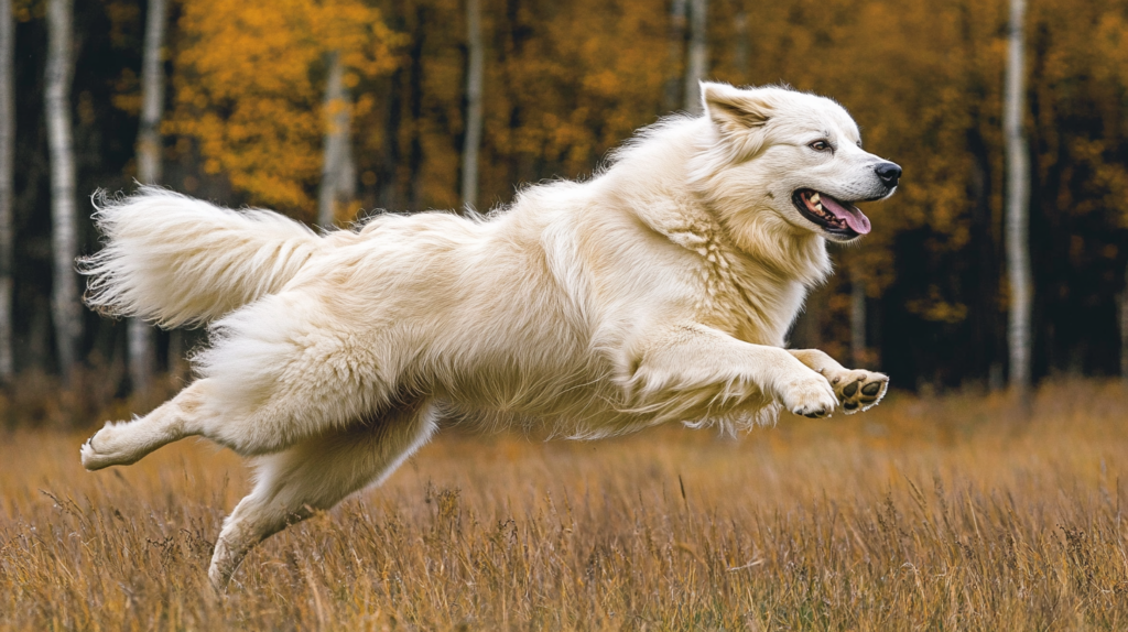 Akbash dog during outdoor exercise, showing energy and agility